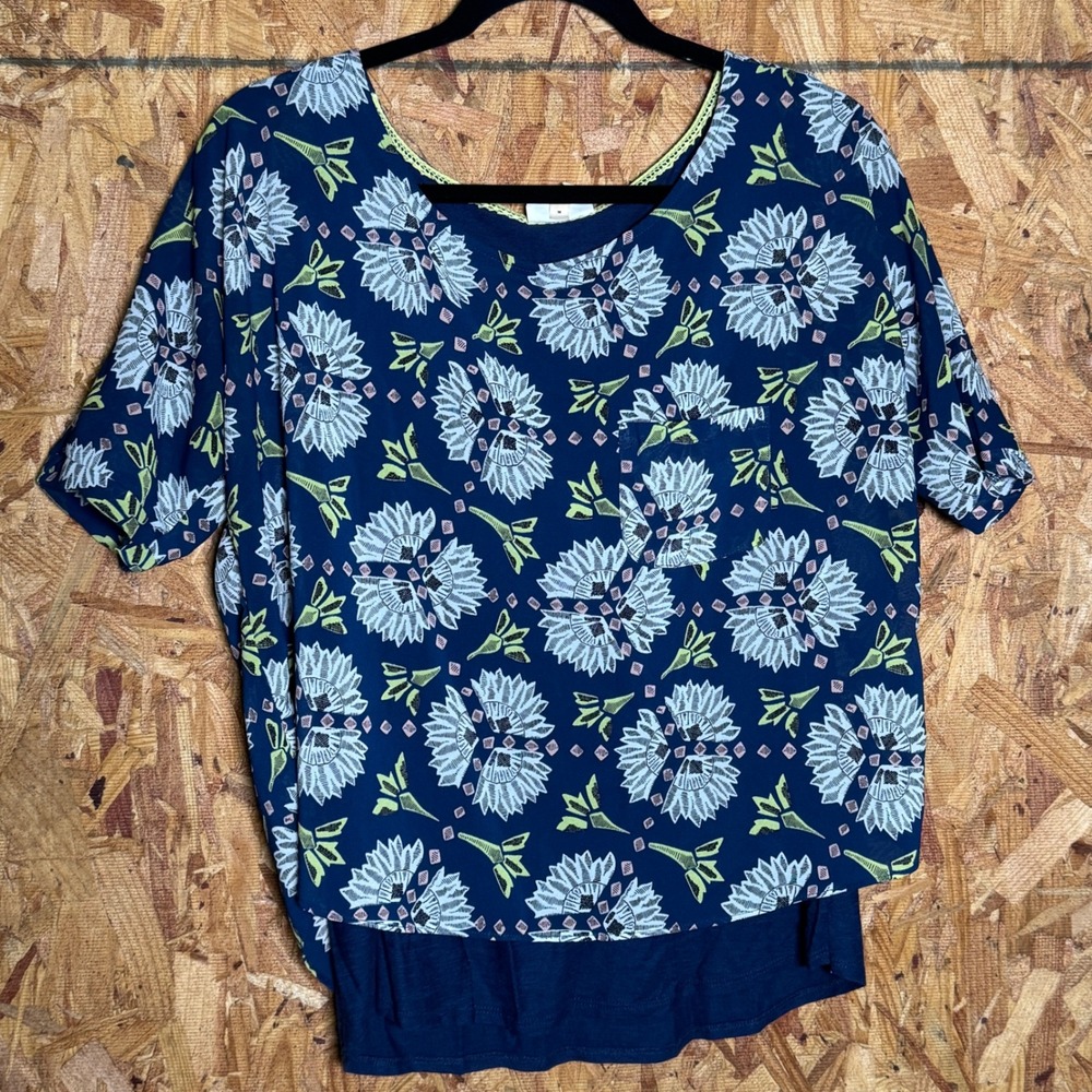 Meadow Rue Anthropologie Flowy Boho Print Layered Blouse Top Navy Blue Medium